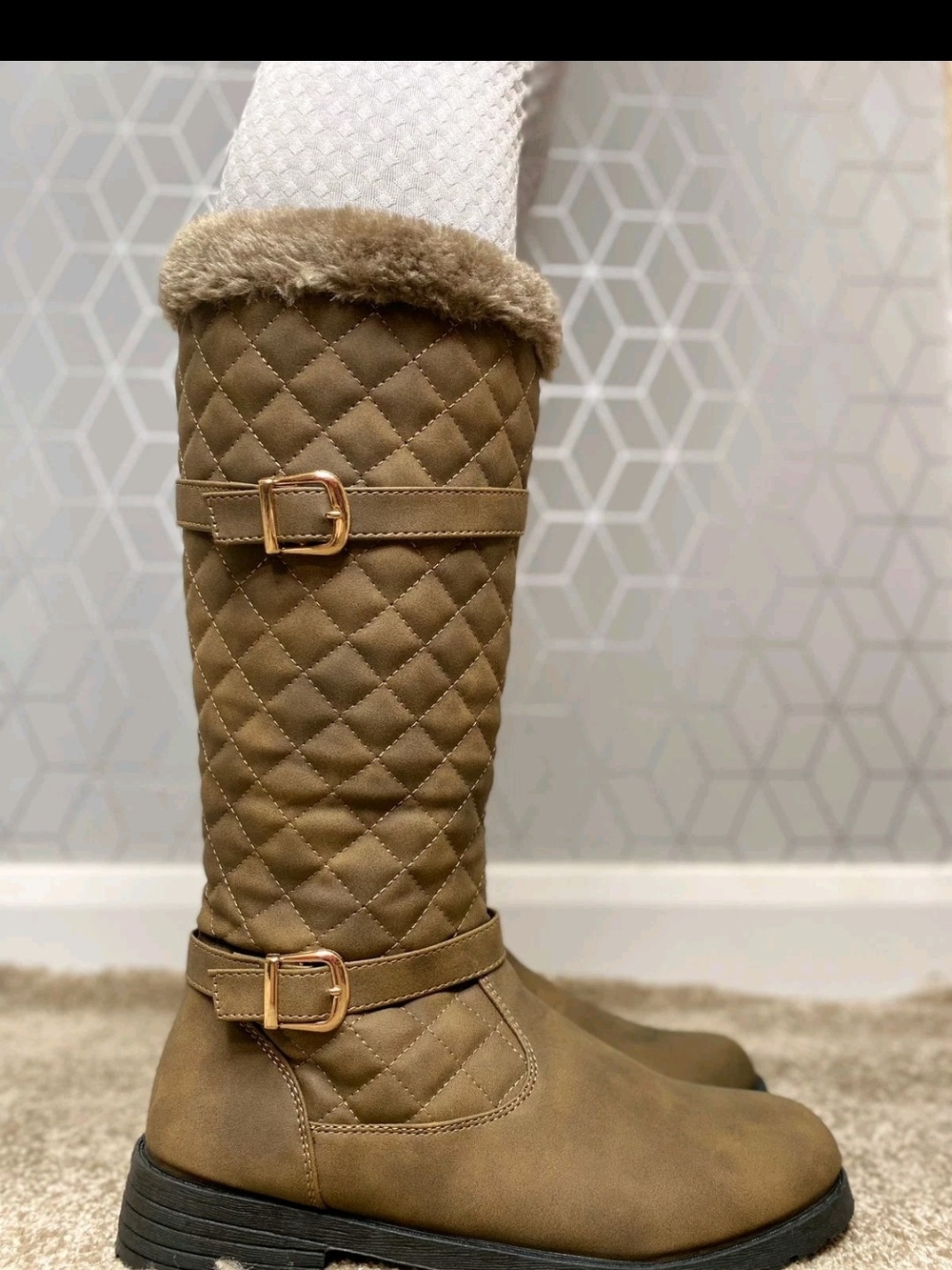 Womens Mid Calf Boots Ladies Buckle Faux Fur Warm Winter Low Block Heel Shoes